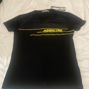 New Addicted black and yellow v neck tshirt